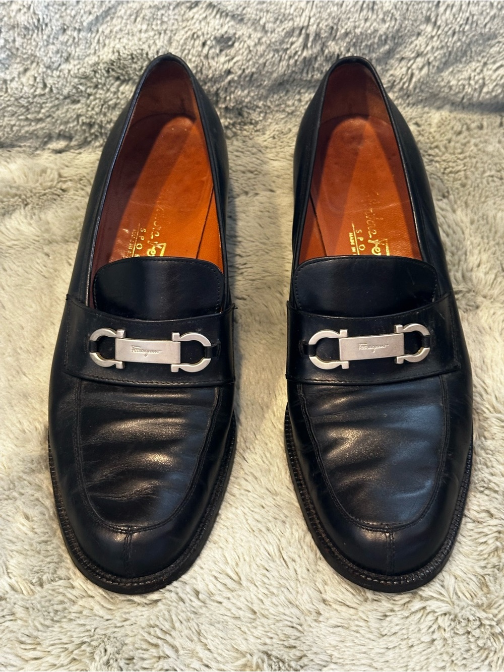Salvatore Ferragamo Brown Silver Buckle Gancini Loafers Italy Leather women 8 B